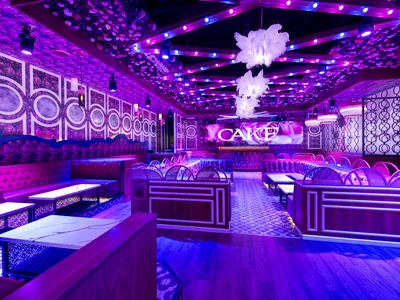 CAKE nightclub room with floral walls and feather chandeliers