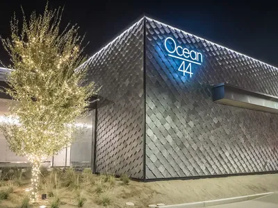Ocean 44 exterior at night, scaled metal facade